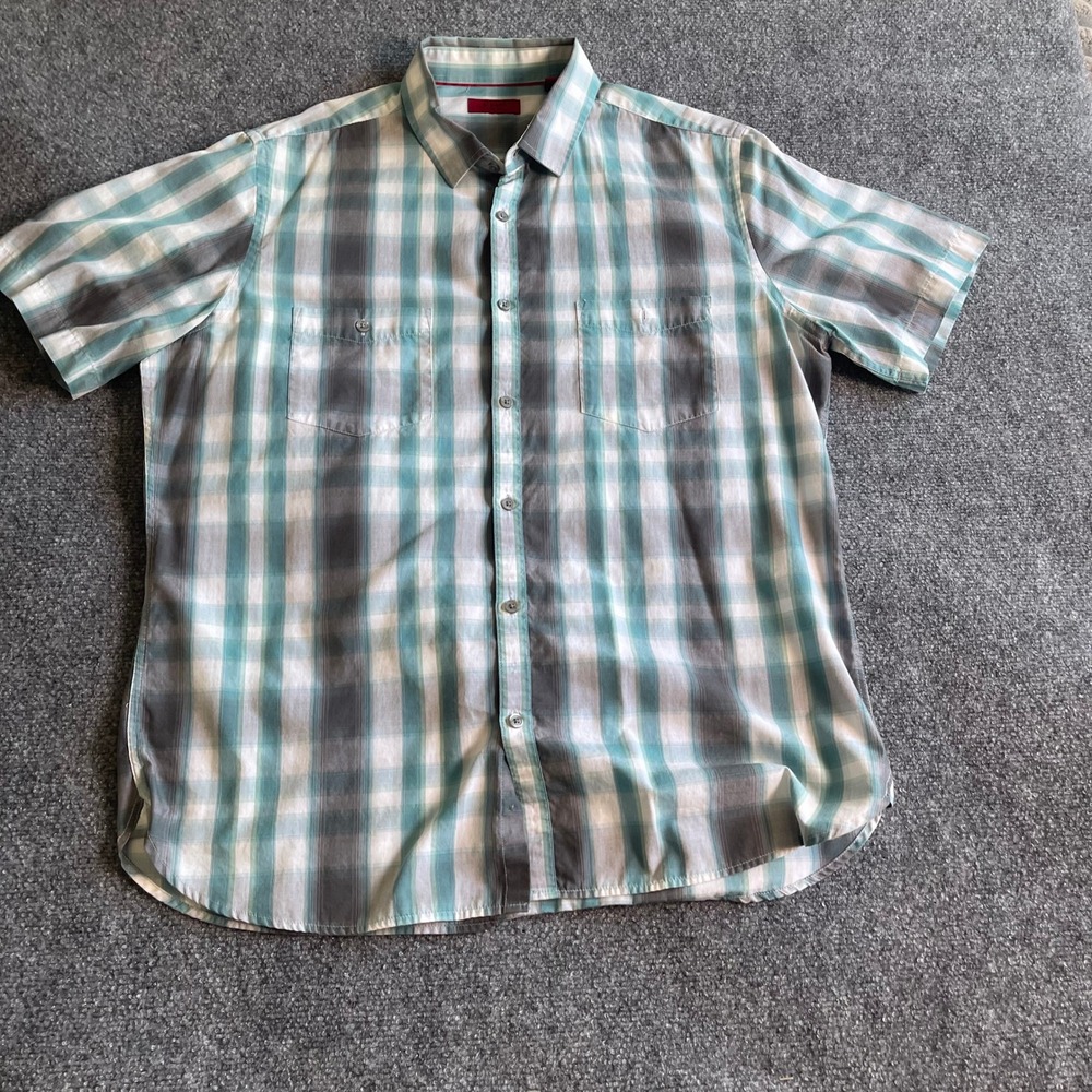 Alfani Slim Fit Mens XL Short Sleeve Button Down Shirt Teal Grey Plaid WPI 8046